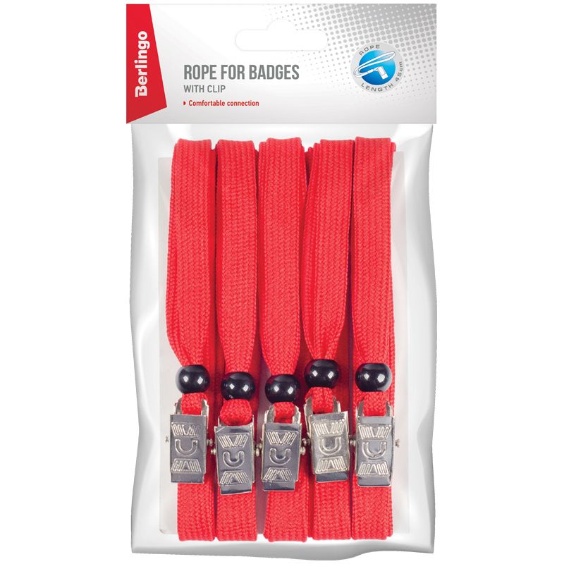 Шнур для бейджа "Berlingo" с клипом красный 5шт.уп. /50/