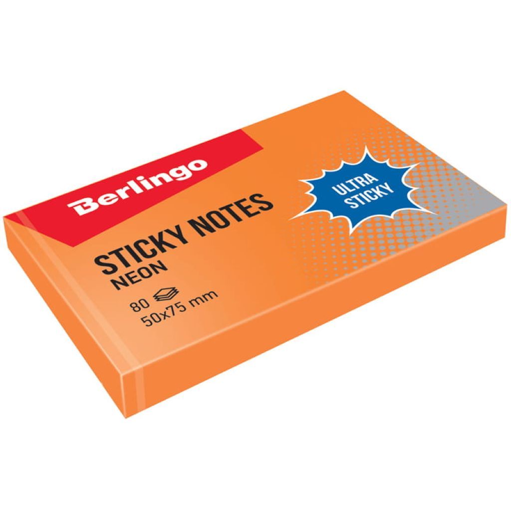 Блок самоклеящийся  50х75мм "Berlingo Ultra Sticky" 80л. оранжевый неон /12/