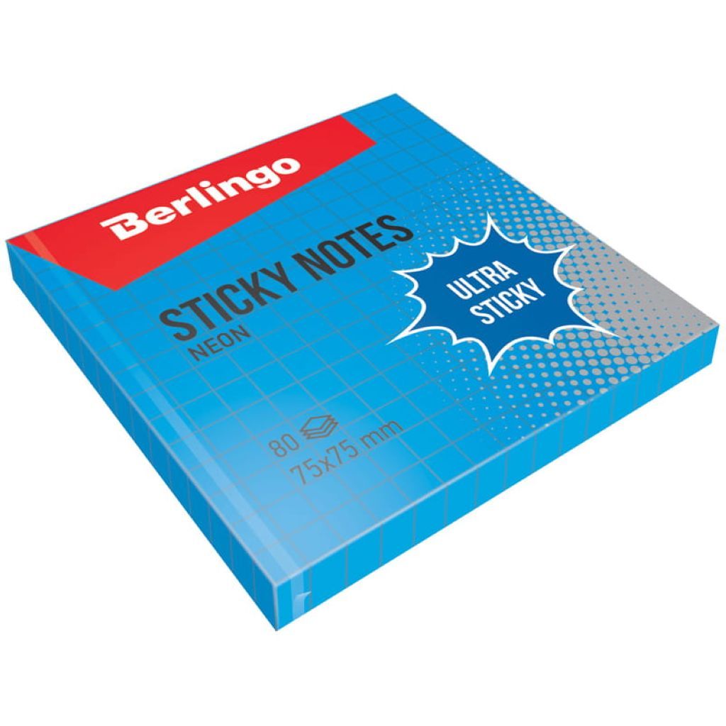 Блок самоклеящийся  75х75мм "Berlingo Ultra Sticky" 80л. синий неон в клетку /12/