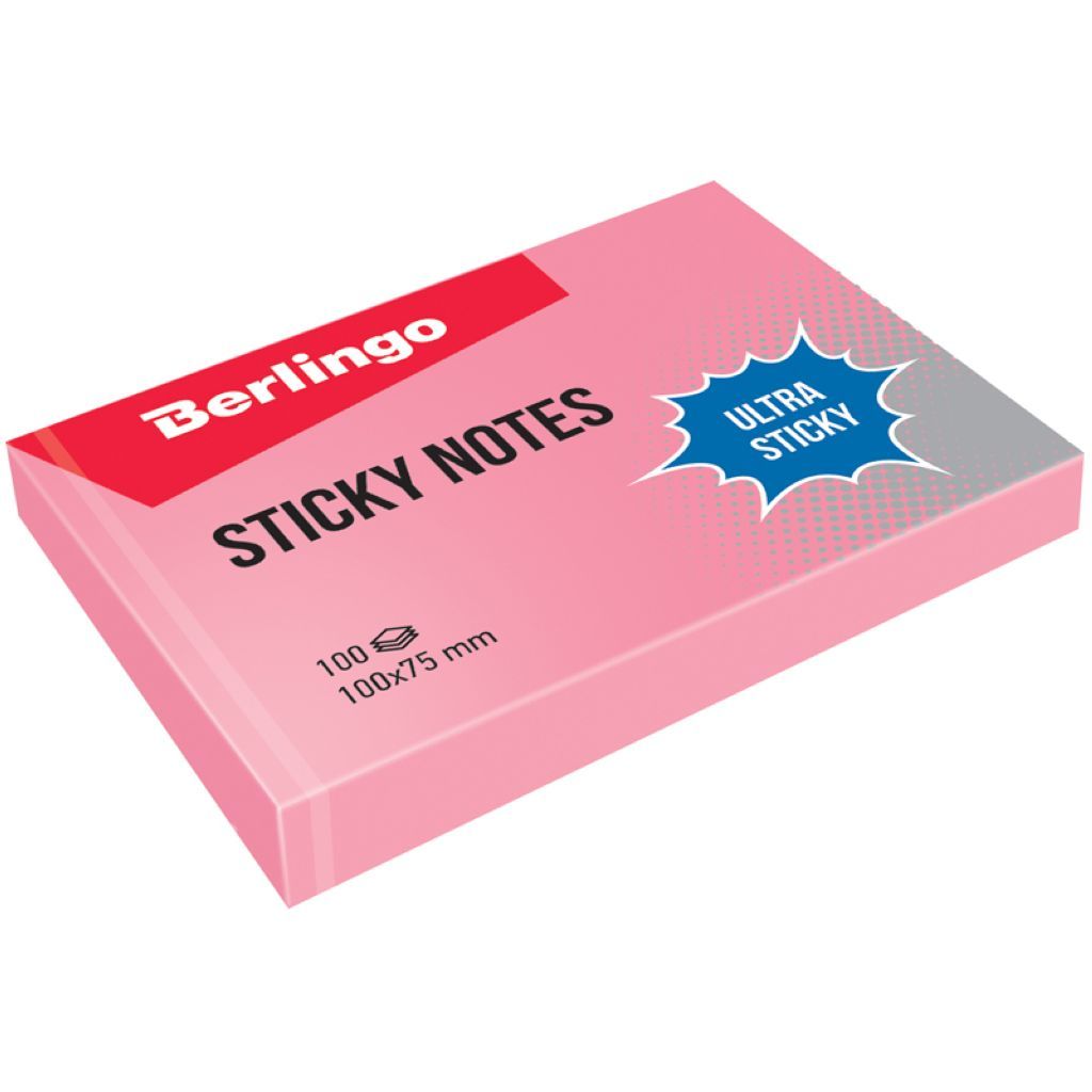 Блок самоклеящийся  75х100мм "Berlingo Ultra Sticky" 100л. пастель розовый /12/