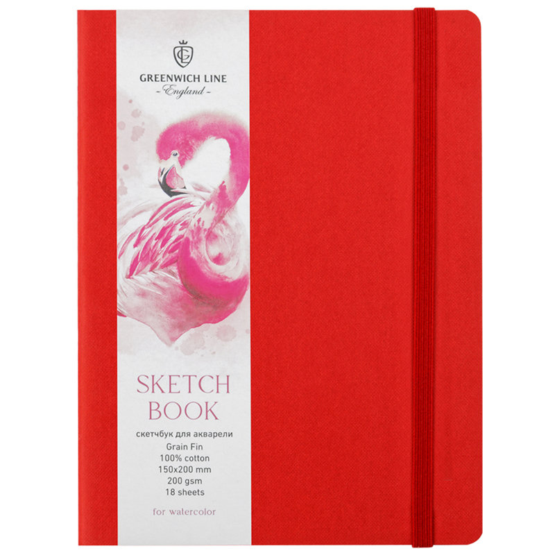 Скетчбук  18л. 150х200 красный 100% хлопок 200г/м2 для акварели на резинке