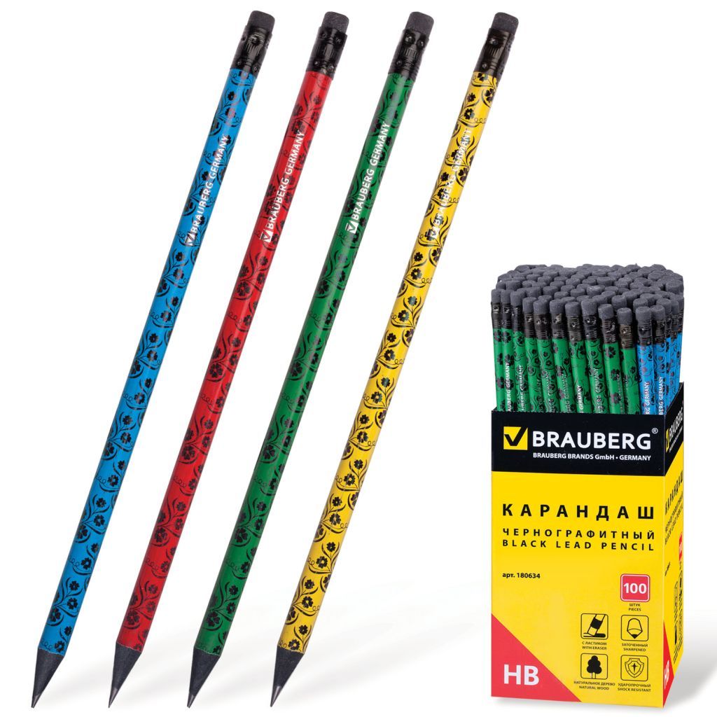 Карандаш чернографитный с ластиком "BRAUBERG" "Fuete" НВ, черное дерево /100/