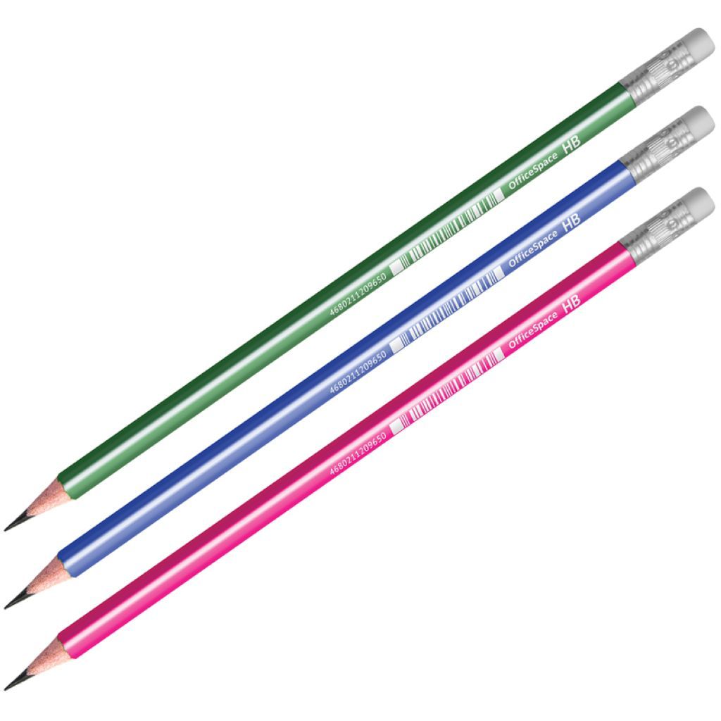 Карандаш чернографитный с ластиком "OfficeSpace" HB, трехгран., заточен., пластиковый/12/