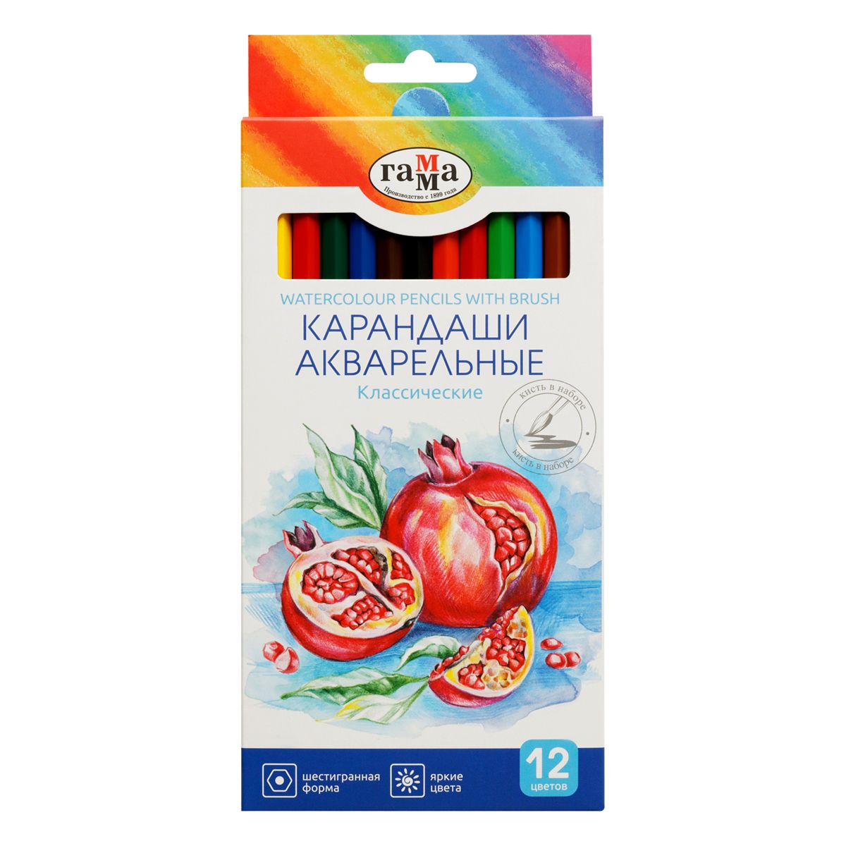 Карандаши 12цв. Гамма "Классические", акварельные, шестигр., кисть, карт.коробка /12/