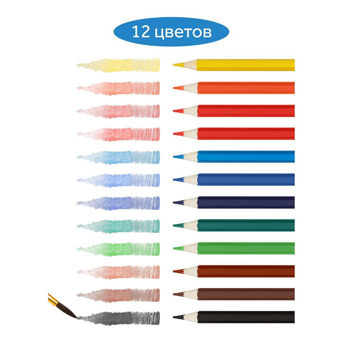 Карандаши 12цв. Гамма "Классические", акварельные, шестигр., кисть, карт.коробка /12/