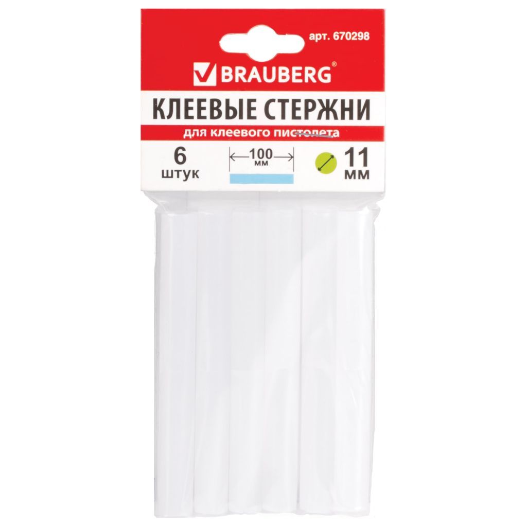 Клеевые стержни "BRAUBERG" d-11мм. в комплекте 6шт. белые /1/