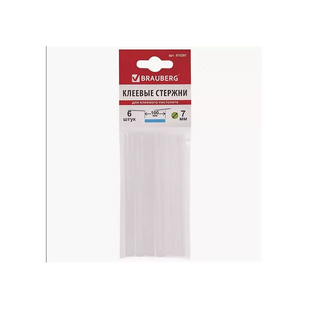 Клеевые стержни "BRAUBERG" d-7мм. в комплекте 6шт. белые /40/