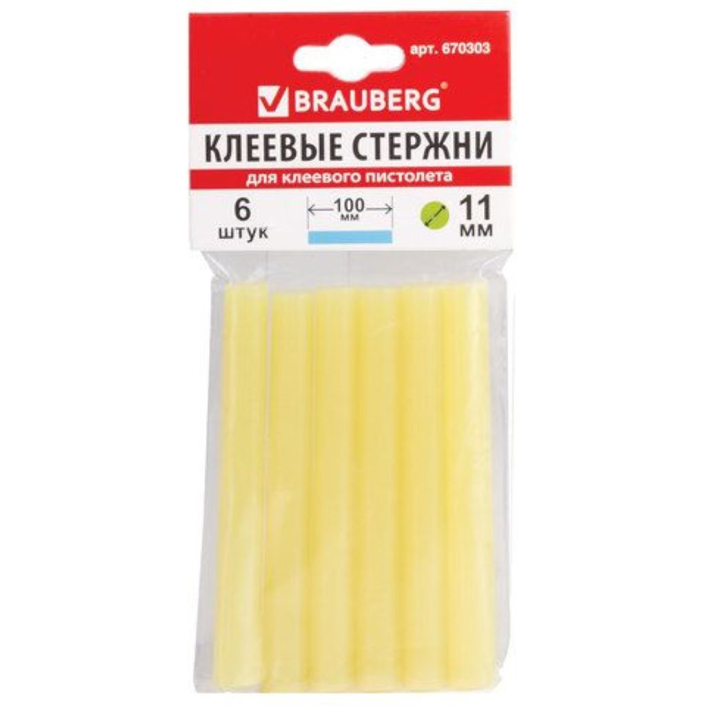 Клеевые стержни "BRAUBERG" d-11мм. в комплекте 6шт. желтые /1/