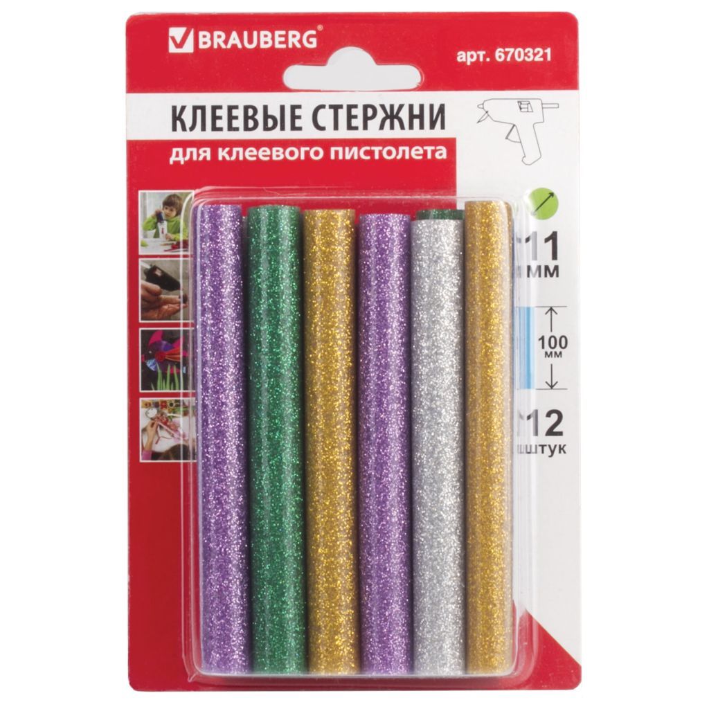 Клеевые стержни "BRAUBERG" d-11мм. в комплекте 12шт. ассорти с блестками /1/