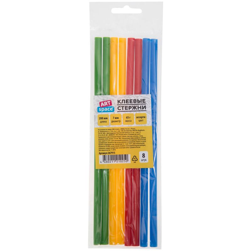 Клеевые стержни "ArtSpace" d-7мм. в комплекте 8шт. цветные /1/