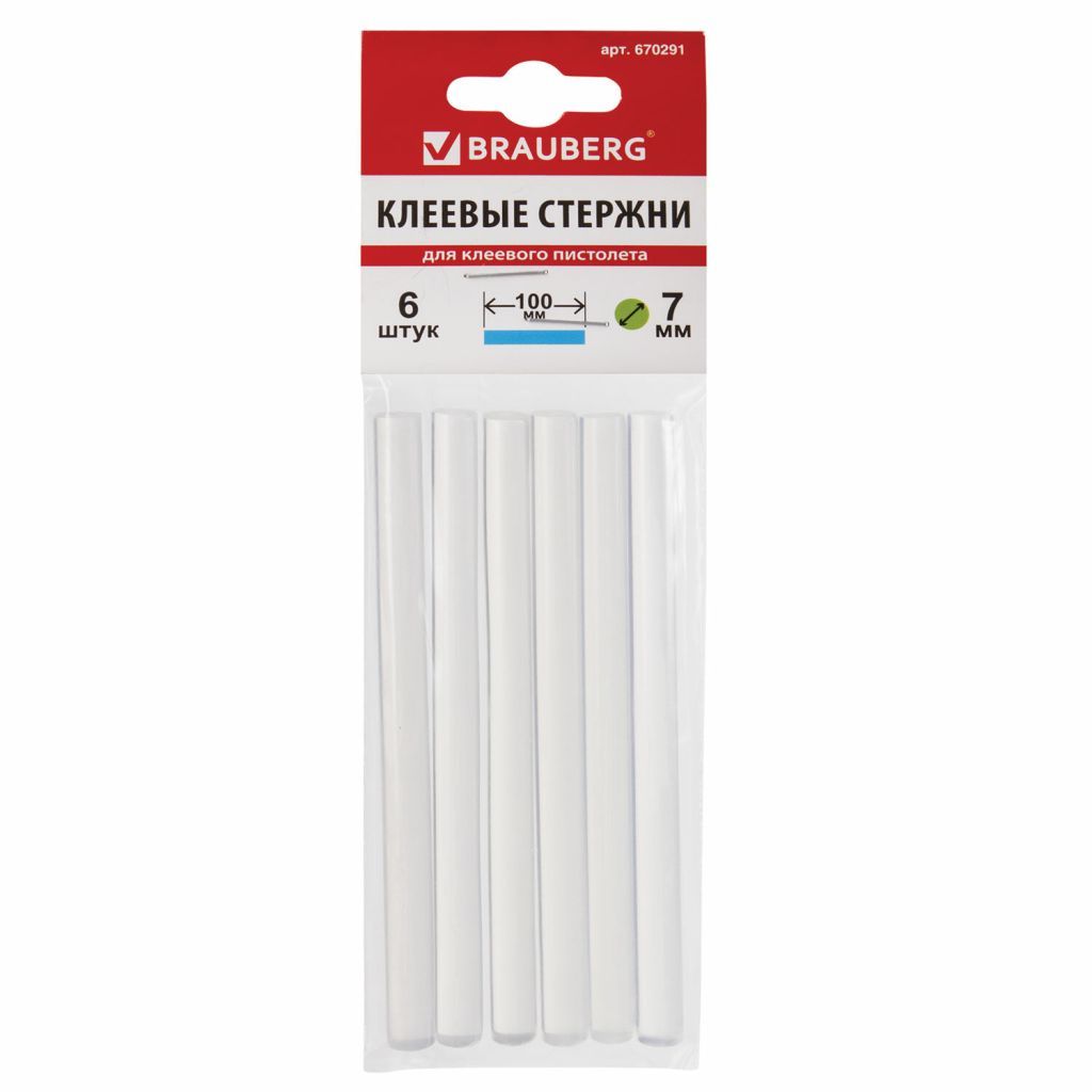 Клеевые стержни "BRAUBERG" d-7мм. в комплекте 6шт. прозрачные /1/