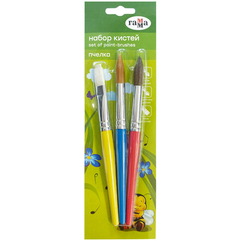 Кисти в наборе  3шт. "Пчелка" (пони круглая, синтетика круглая, коза плоская) /10/
