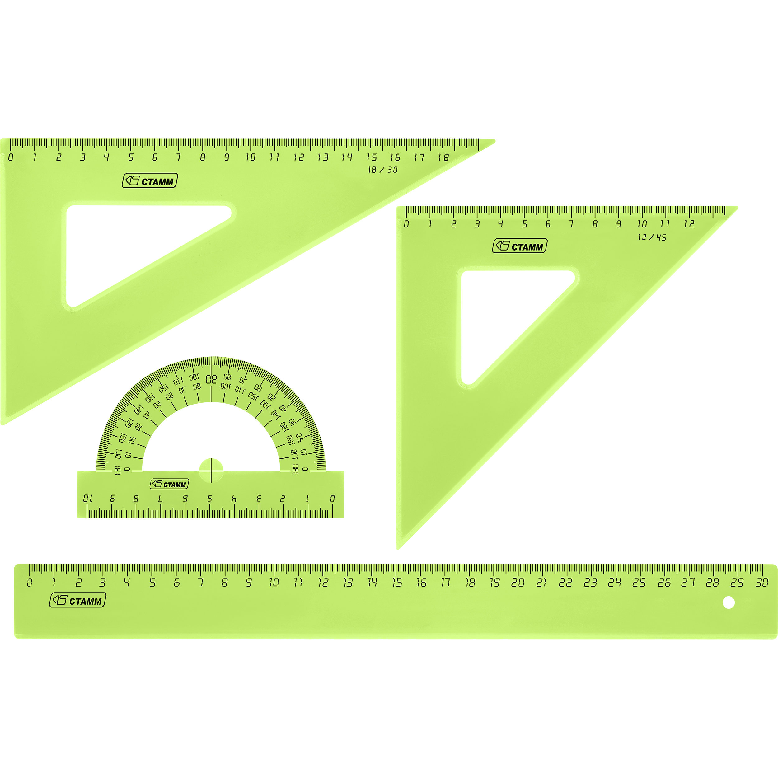 Линейки набор из 4-х пр. "СТАММ" Neon Crystal" (треуг. 2шт., линейка 30см, транспортир)