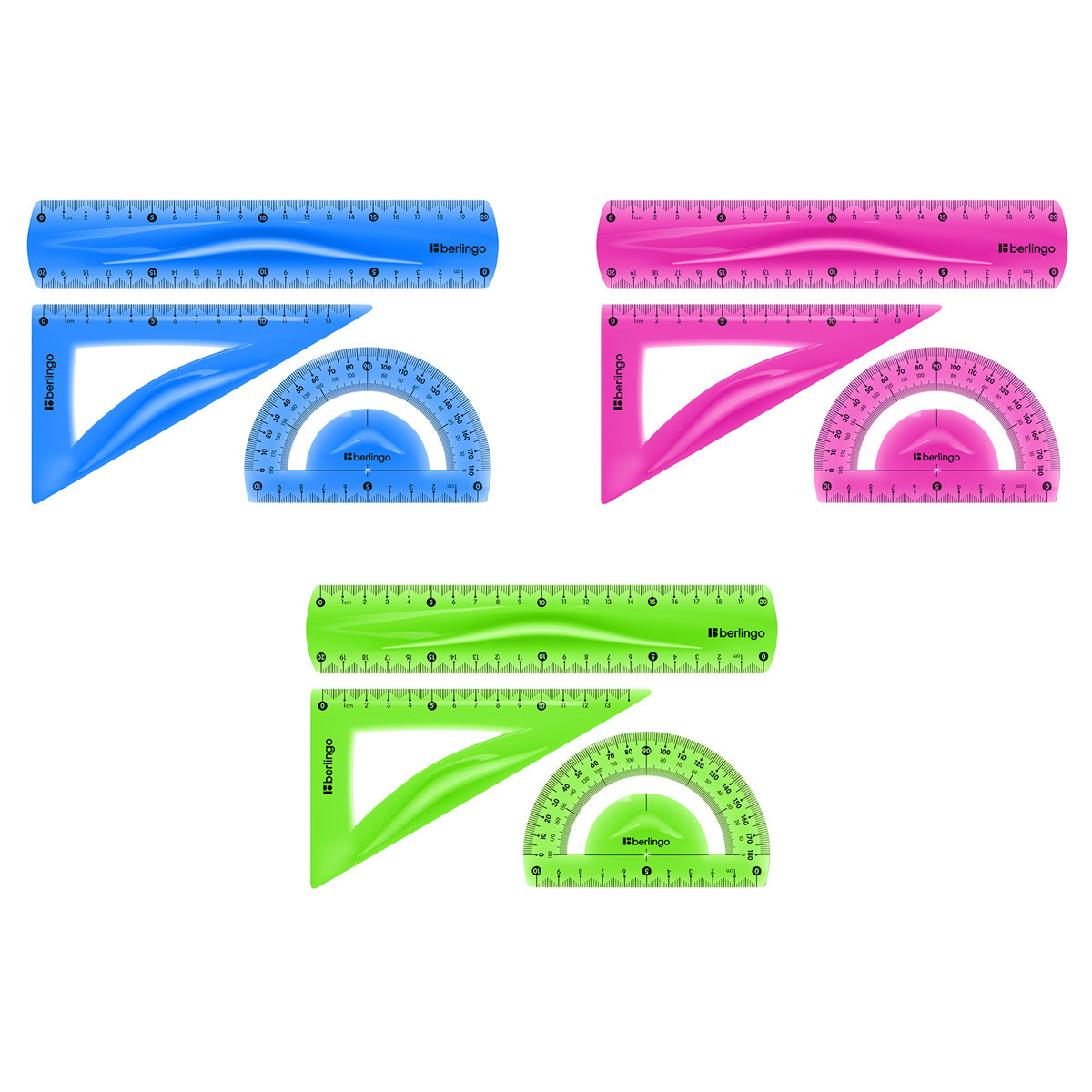 Линейки набор из 3-х пр. "Berlingo Flexy" (треугольник, линейка 20см, транспортир) гибкий /24/
