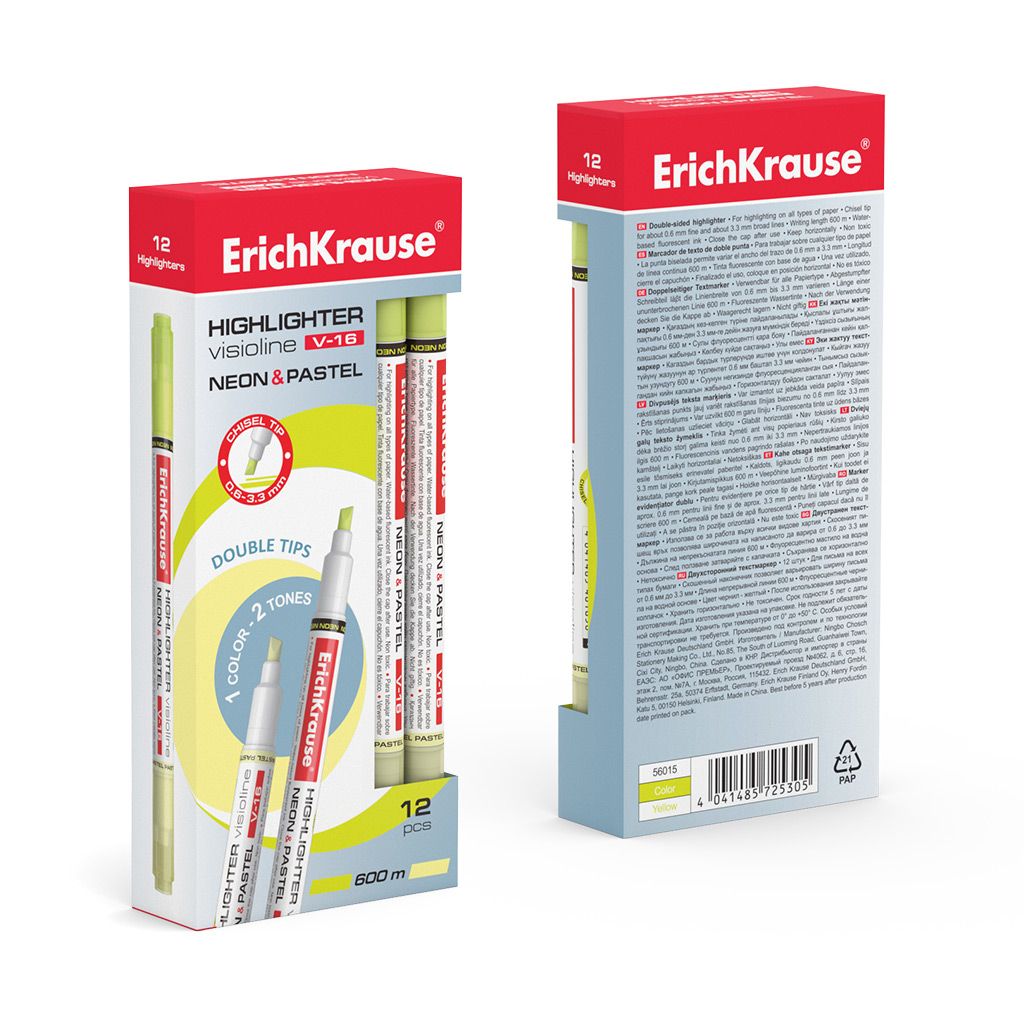 Маркер-текстовыделитель "Erich Krause Visioline V-16 Neon+Pastel" желтый /12/