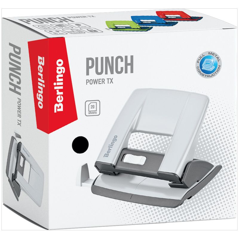 Дырокол до  20л. "Berlingo Power TX" металлический, с фиксатором и линейкой, красный