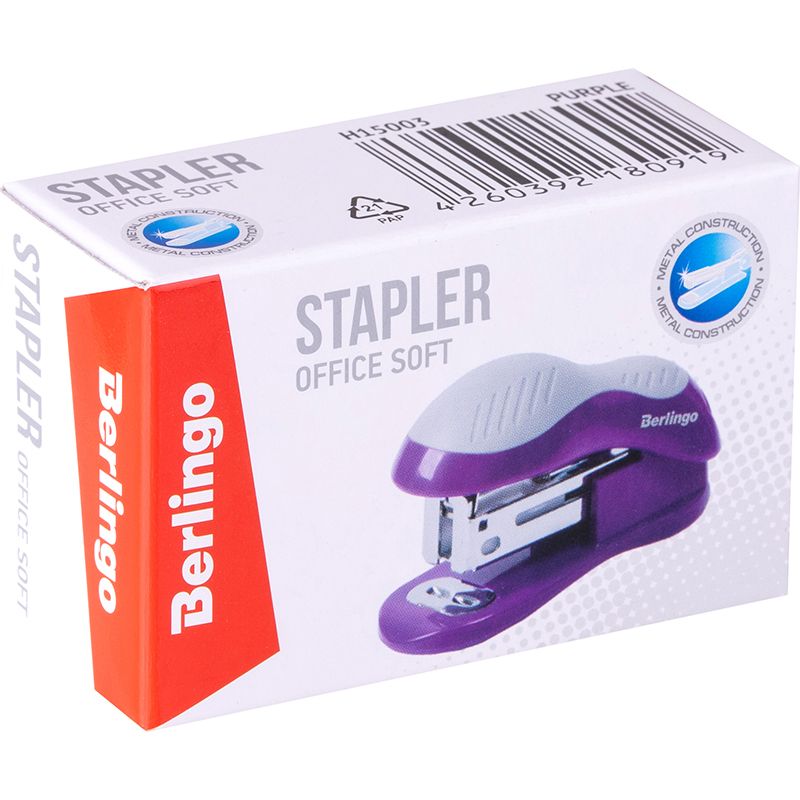 Степлер 24/6, 26/6 до 15л. Berlingo "Office Soft" фиолетовый/24/