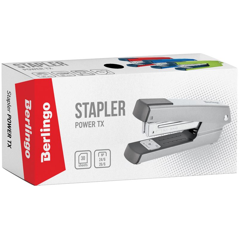 Степлер №24/6, 26/6 до 30л. Berlingo "Power TX", металлический корпус, черный /10/