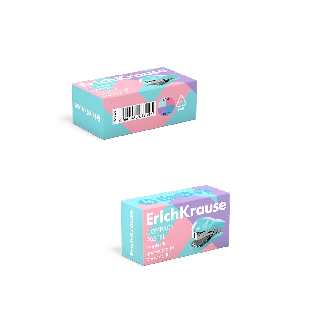 Степлер №10 до 15л. Erich Krause "Compact Pastel", пластиковый корпус, мини, ассорти /12/