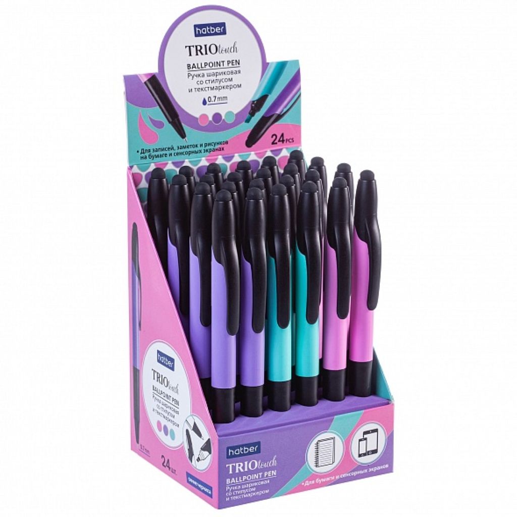 Ручка шариковая автоматическая синяя Hatber "Трио" с текстовыделителем /24/
