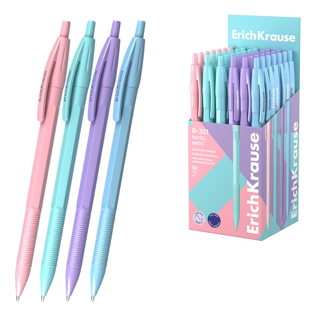 Ручка шариковая авт. синяя Erich Krause "R-301 Matic Pastel", 0,7мм, корпус ассорти /50/