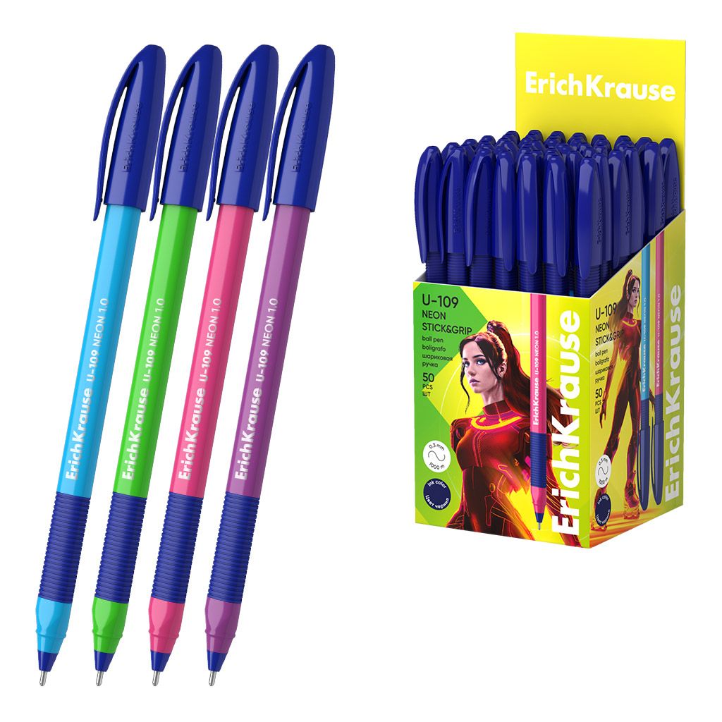 Ручка шариковая синяя Erich Krause "U-109 Neon Stick&Grip 1.0, Ultra Glide Technology /50/