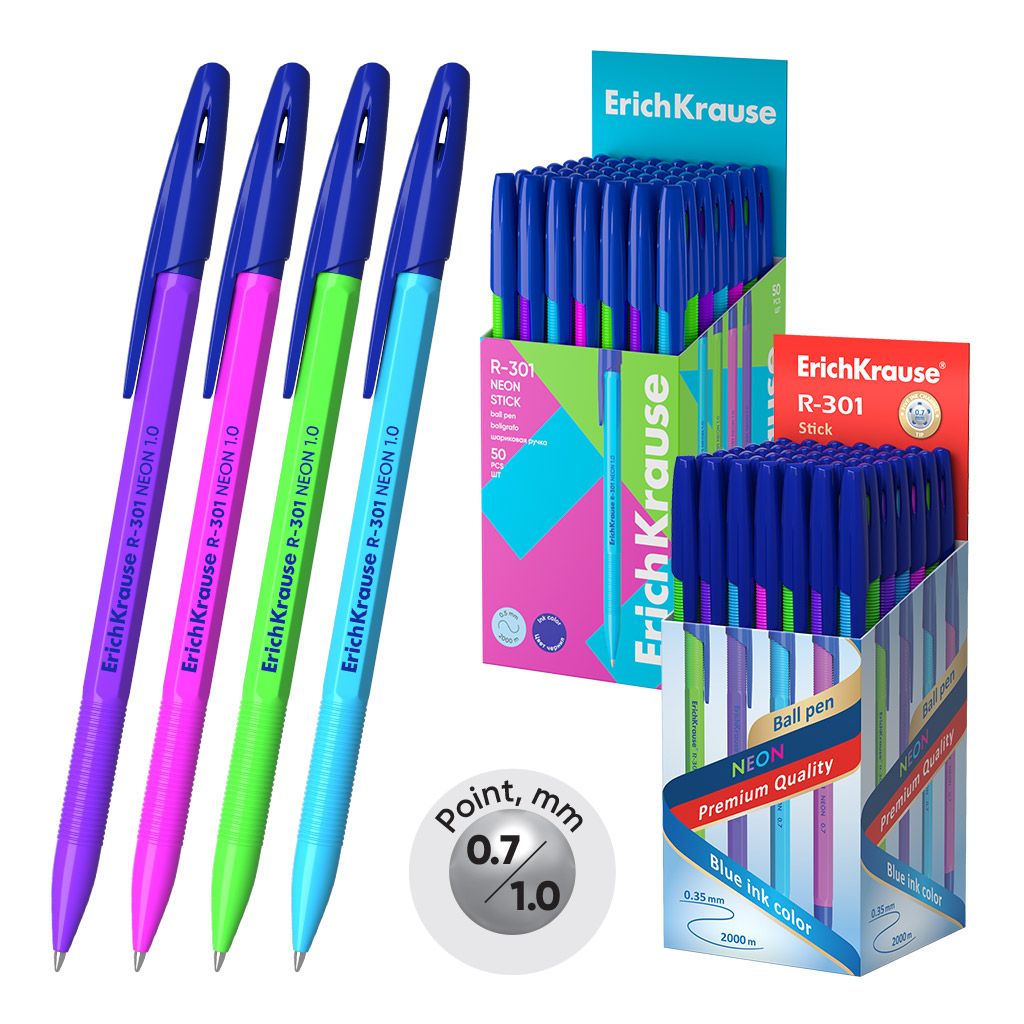 Ручка шариковая синяя Erich Krause "SR-301 Neon Stick" 0,7мм. /50/