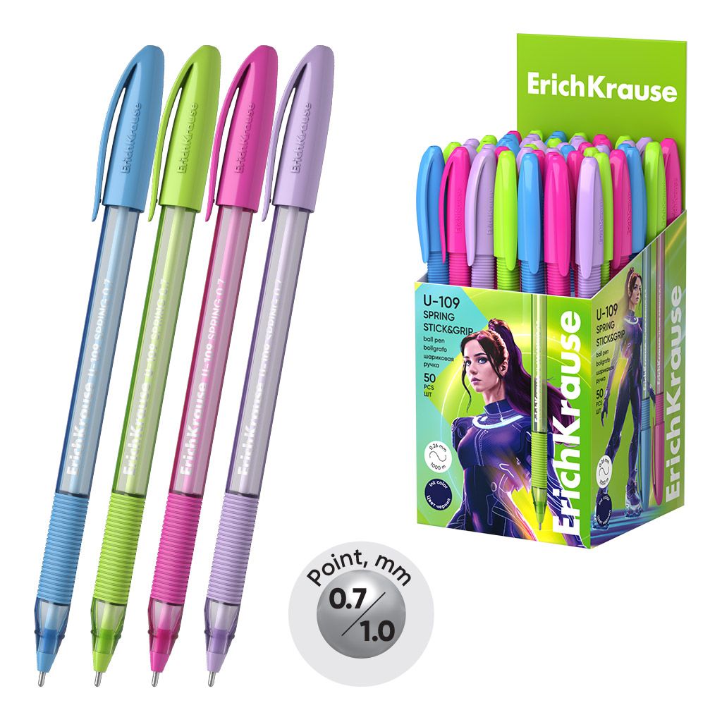 Ручка шариковая синяя Erich Krause "U-109 Spring Stick&Grip 1.0, Ultra Glide Technology" /50/