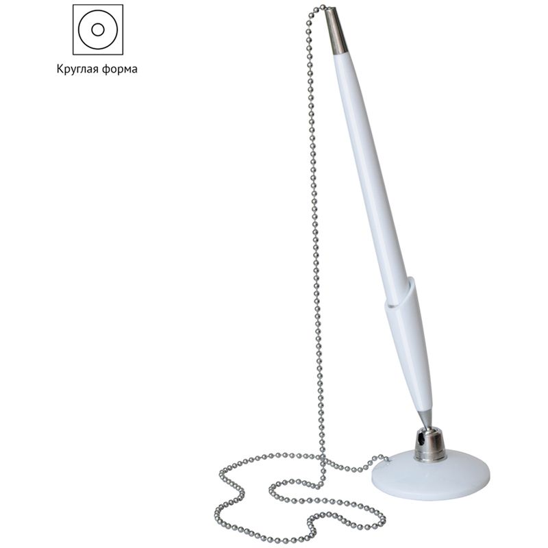 Ручка шариковая синяя на липучке OfficeSpace 0.7мм белый корпусус, металлическая цепочка /12/