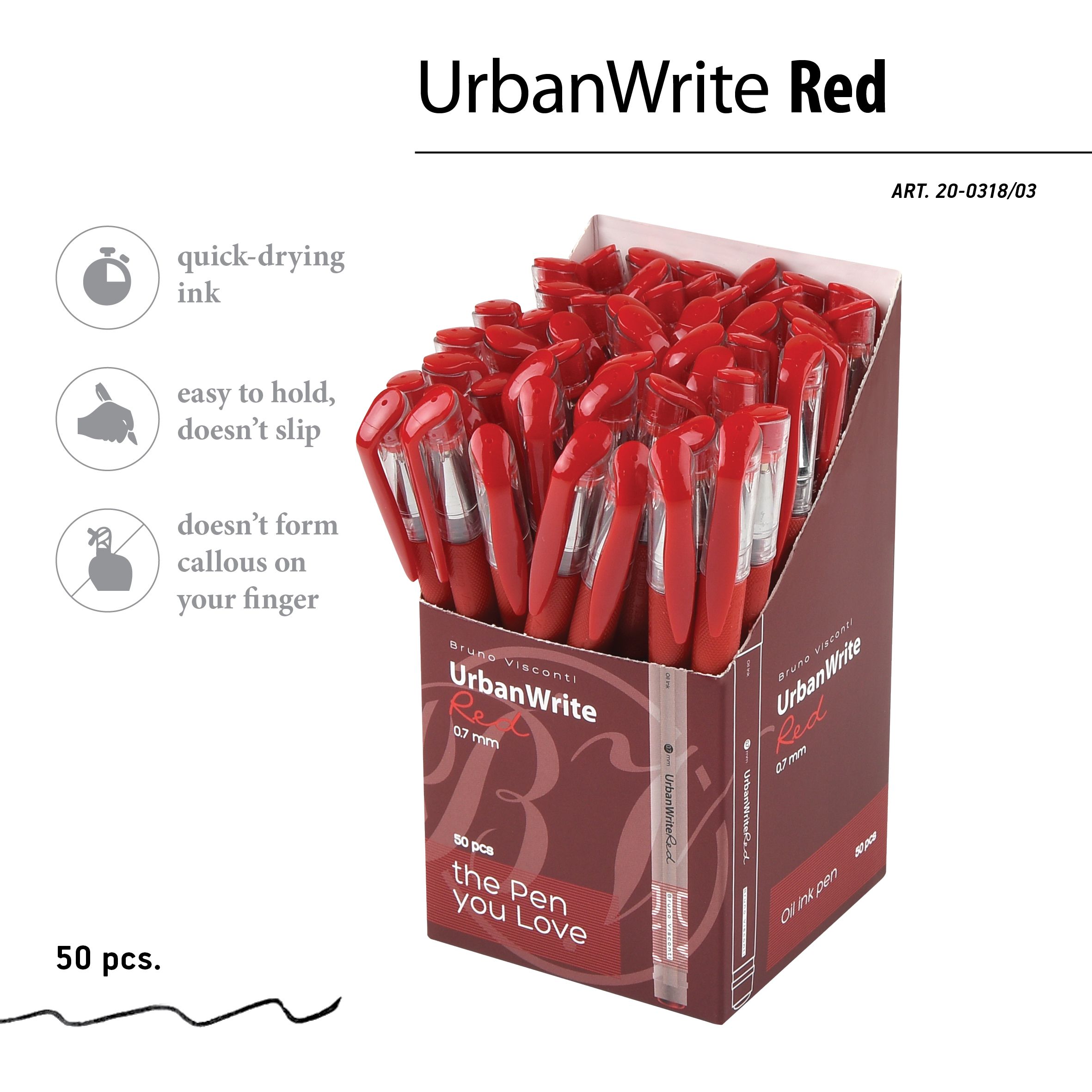 Ручка шариковая красная Bruno Visconti "UrbanWrite", 0,7мм, на масляной основе /50/