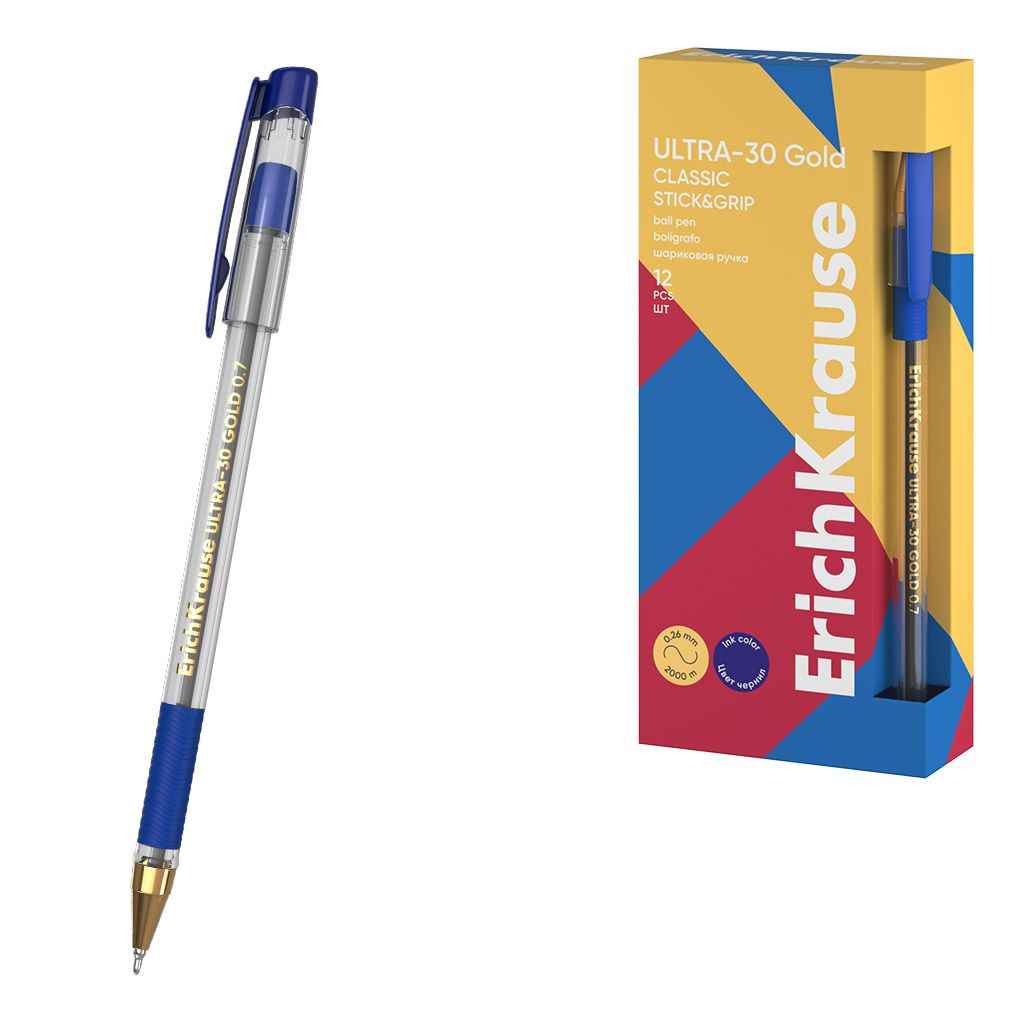 Ручка шариковая синяя Erich Krause "ULTRA-30 Gold Stick&Grip Classic", 0,7мм, с грипом /12/