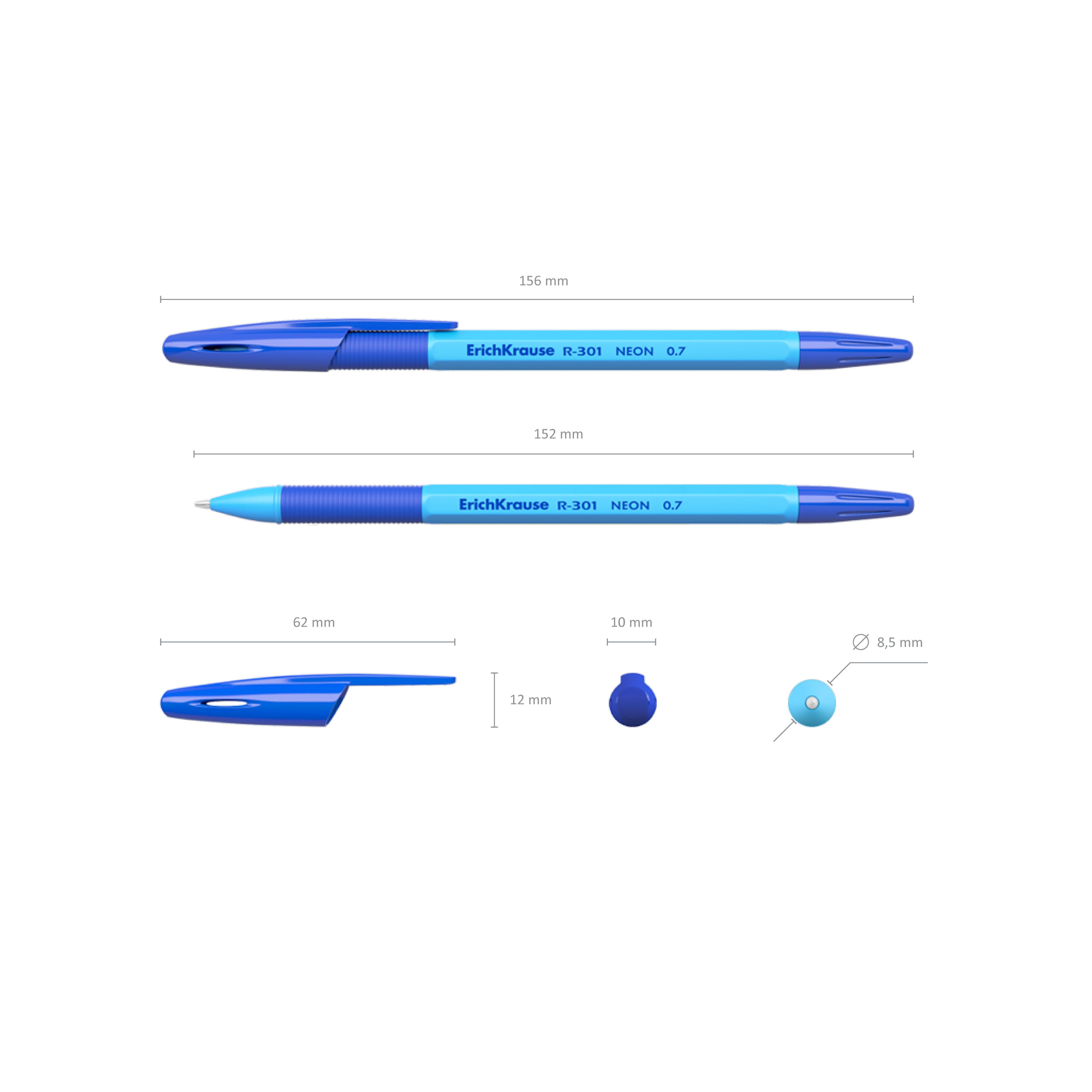 Ручка шариковая синяя Erich Krause "Neon Stick&Grip R-301" 0,7мм. /50/