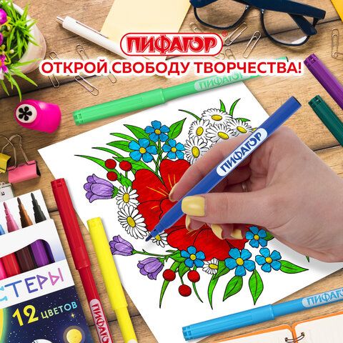 Фломастеры 12цв. Пифагор "Космическая одиссея"  смываемые, блистер /12/