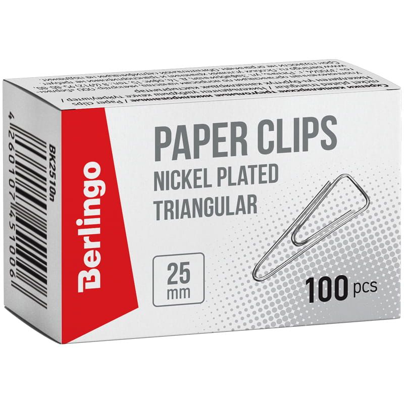 Скрепки 25мм "Berlingo" 100шт. никелированные треугольные /10/