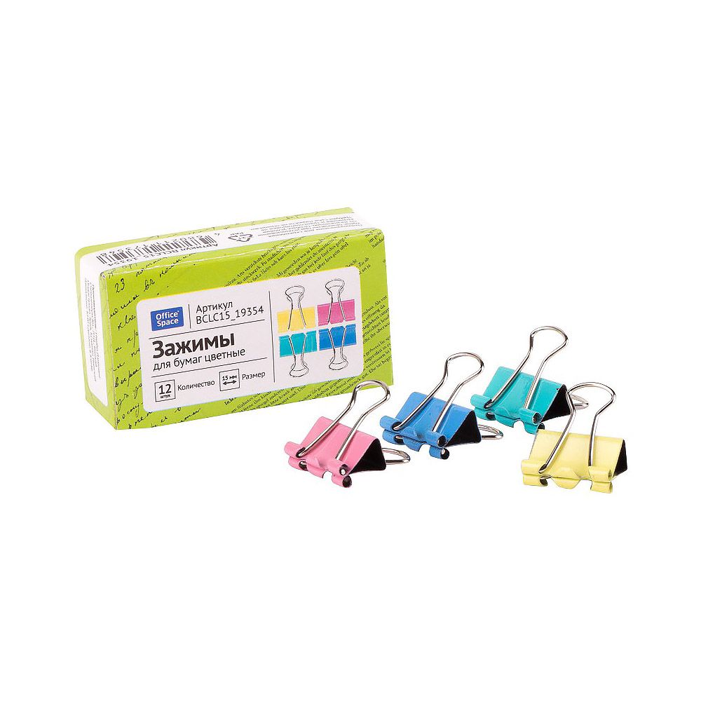 Зажим для бумаг 15мм "OfficeSpace" цветные /12/