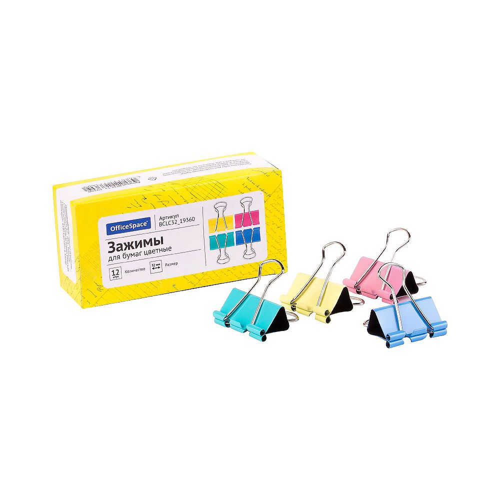 Зажим для бумаг 32мм "OfficeSpace" цветные /12/