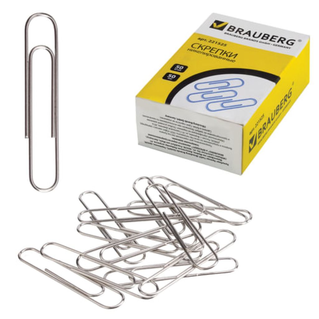 Скрепки 50мм "BRAUBERG" 50шт. никелированные /12/