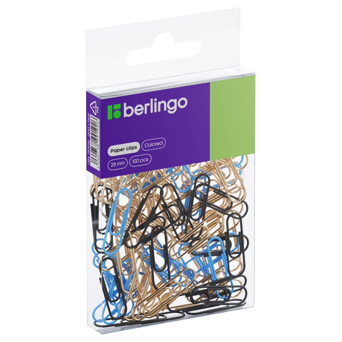 Скрепки 28мм "Berlingo" 100шт. голубой+золотой /24/