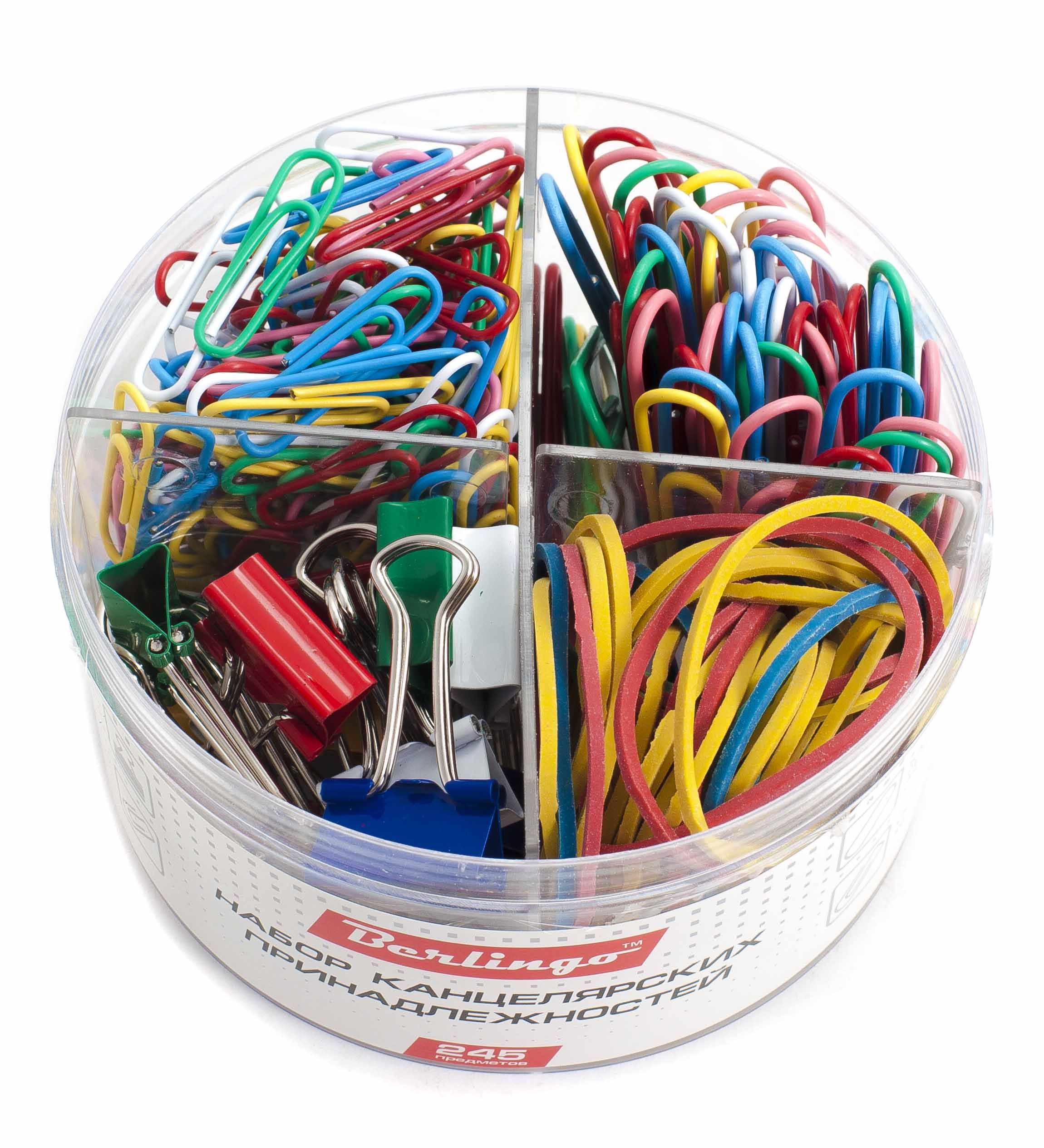 Набор банковская резинка, цветные скрепки 28мм и 50мм, зажимы 245 предметов /1/12/