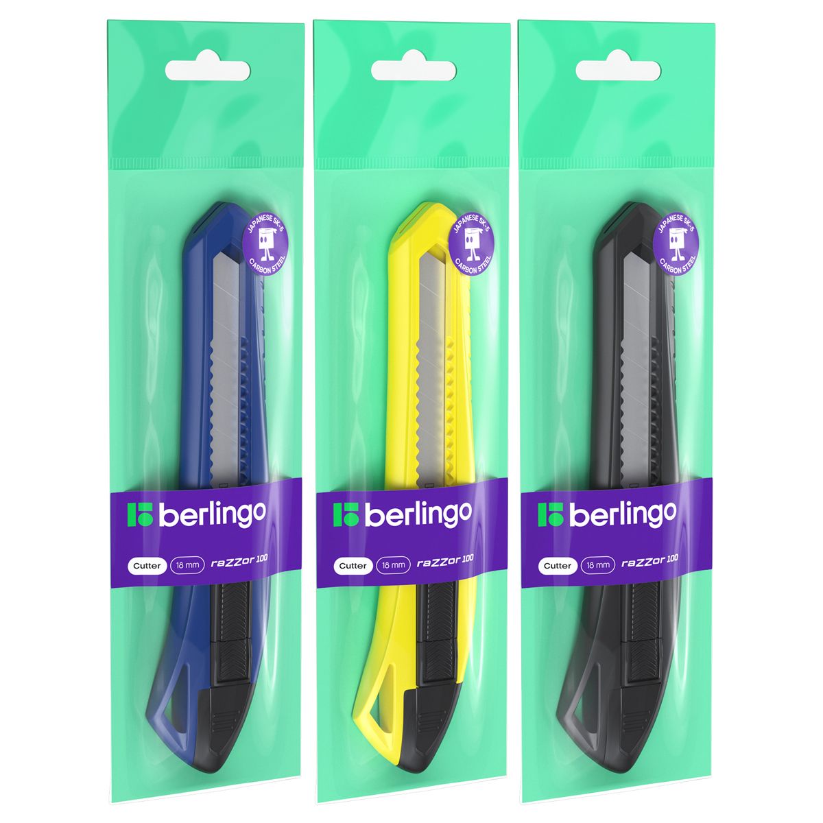 Нож канцелярский 18мм Berlingo "Razzor 100", push-lock, ассорти, европодвес/30/