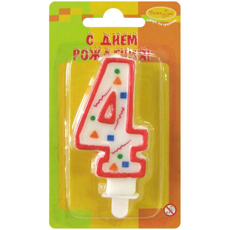 Свеча для торта "Цифра 4. Красное конфетти" 8см. /12/