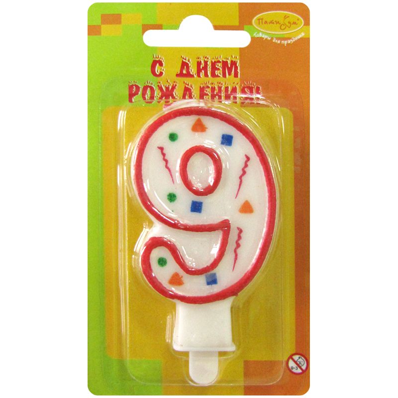 Свеча для торта "Цифра 9. Красное конфетти" 8см. /12/