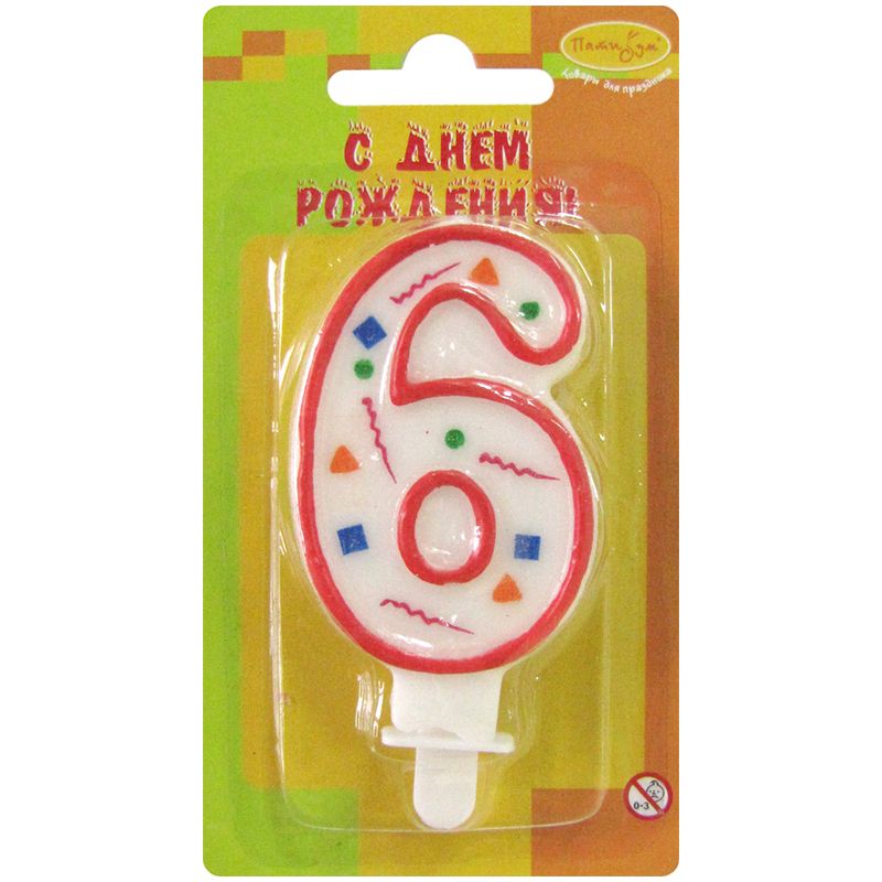 Свеча для торта "Цифра 6. Красное конфетти" 8см. /1/