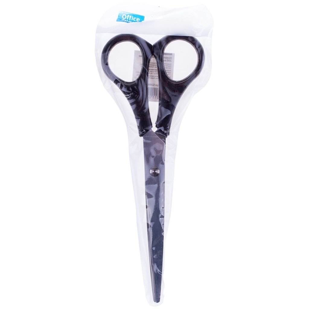 Ножницы 20см "OfficeSpace" черные ручки, ПВХ чехол с европодвесом /12/