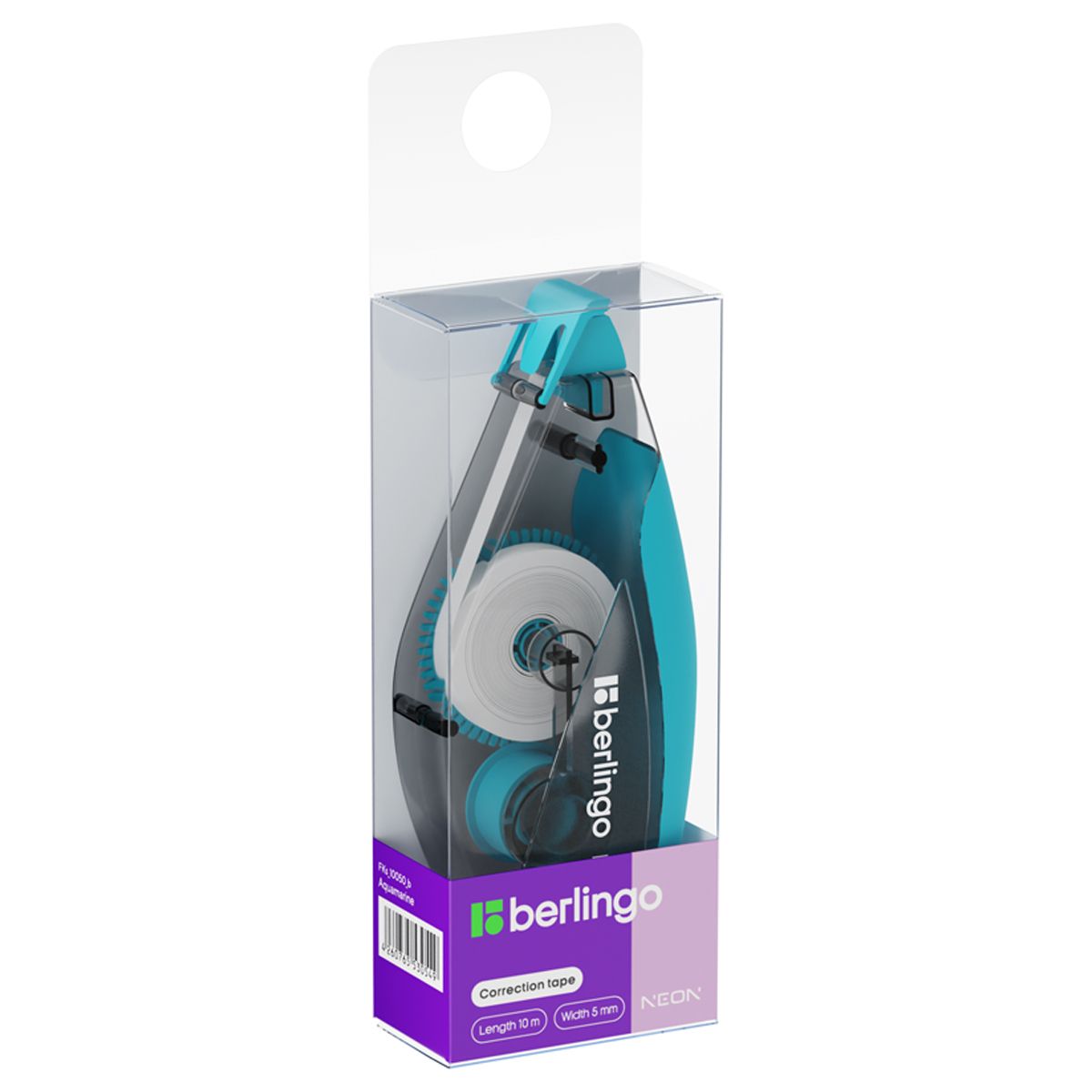 Корректирующая лента 10м Berlingo "Neon", 5мм, аквамариновые вставки, корпус прозрачный, ПВХ бокс