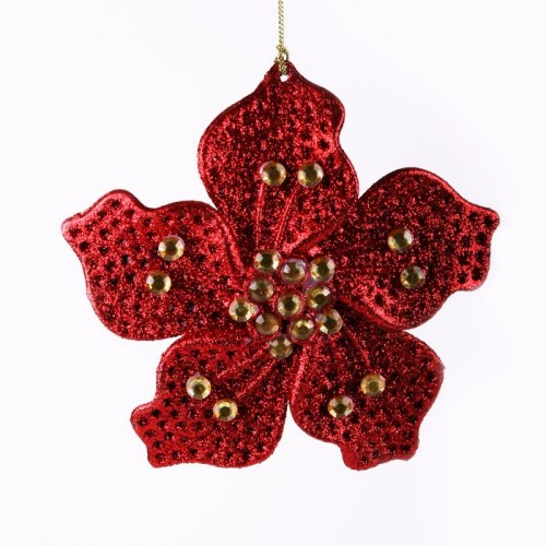 Украшение елочное подвесное "Цветок красный со стразами" из пластика /1/
