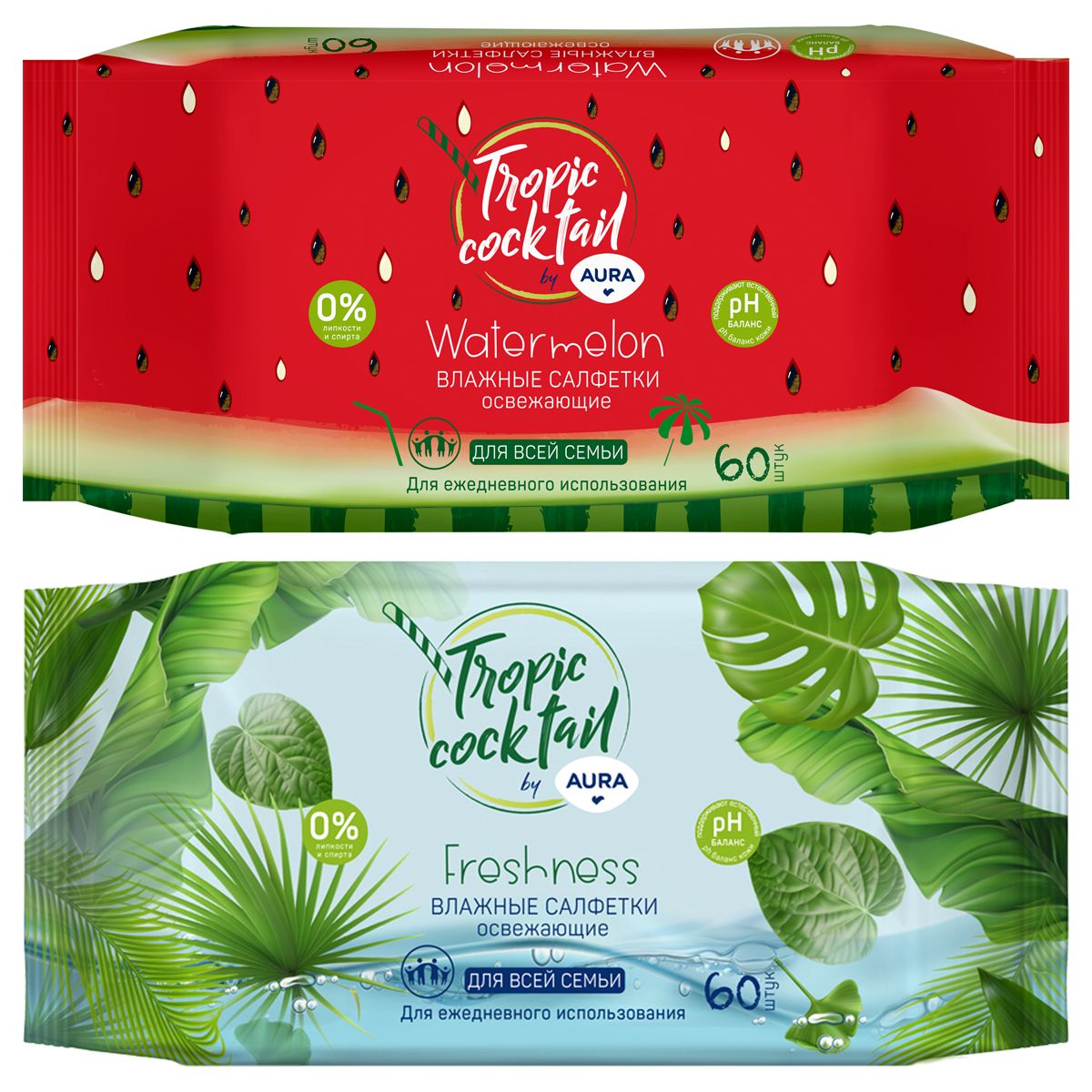 Салфетки влажные AURA "TROPIC COCKTAIL" 60шт освежающие /24/