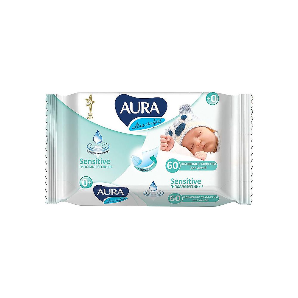Салфетки влажные AURA "Ultra comfort" 60шт детские, с алоэ /24/