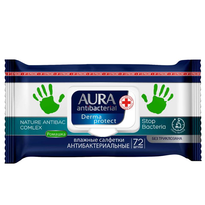 Салфетки влажные Aura "Derma Protect" 72шт., антибактериальные с ромашкой