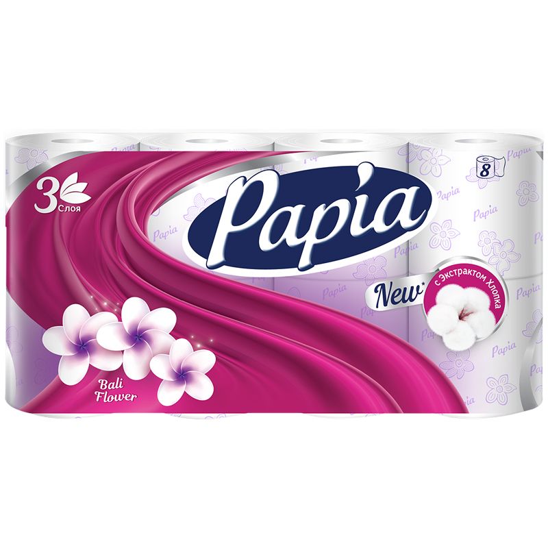 Бумага туалетная "Papia" "Балийский Цветок", 3-слойная, 8шт., ароматизир., тиснение, белая/7/